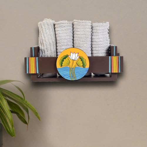Image of Aakriti Art Creations Floral Art Wooden Towel Holder Stand | Pichhwai Iteeha Hand Towels Holder | Matte Finish Multicolor Towel Holder for Bath & Wash Area