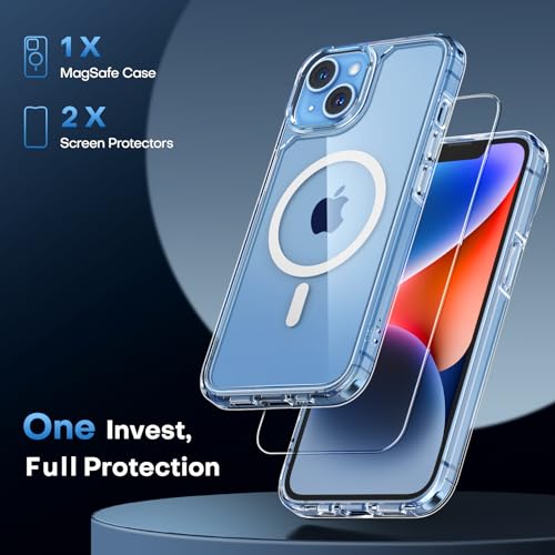 TAURI for iPhone 14 Plus Case, Compatible with MagSafe, with Screen Protectors, Not-Yellowing Military-Grade Protection, Shockproof Slim Magnetic Case for iPhone 14 Plus 6.7", Clear