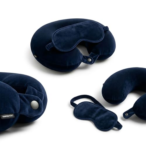 Image of Dark Blue Travel Neck Pillow with Button Closure & Eye Mask | Soft Fiber Filled U-Shape Head & Neck Support Cushion for Airplane, Car & Office Use | Button Closure (Dark Blue)