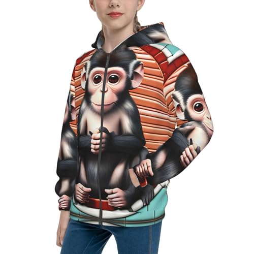 The silent monkey Print Girls Athletic Zip Up Hoodies,Sweatshirts with Pockets Long Sleeve Hooded Jackets, for 7-18 Y