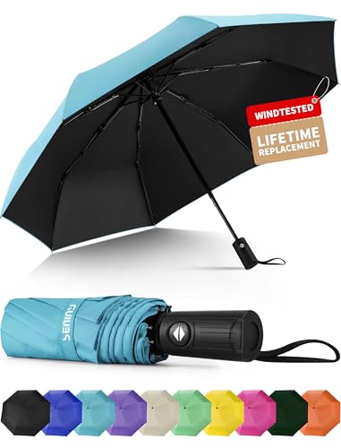 Seniny Windproof Travel Umbrella, Automatic Umbrellas for Rain, Portable & Compact Umbrellas for Backpack, Strong UV for Protection, Folding Small Sun Umbrella for Car, Walking, Blue
