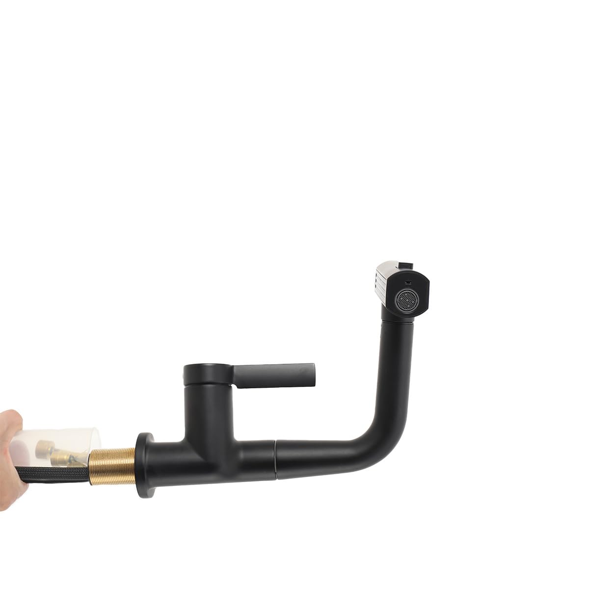 Küchenarmatur Schwarz Wasserhahn Spüle, Wasserfall Armatur Küche Faucet Heizung Wasserfall Ausziehbarer mit 60cm Schläuchen, LED Temperaturanzeige, Anhebbare Arm