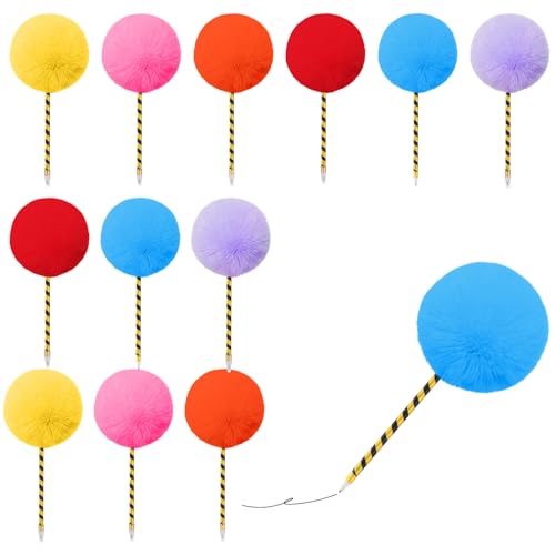 Sayglossy 12 Pcs Tree Pompom Pen Colorful Fluffy Ball Pens Cute Fuzzy Pom Pom Pens Gift for 100th Day of School Office, Rose, Orange, Yellow, Purple, Red, and Blue(Black and Yellow)