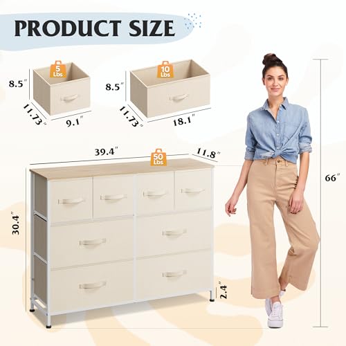 Image of WLIVE Dresser for Bedroom with 8 Drawers, Wide Fabric Dresser for Storage and Organization, Bedroom Dressers, Chest of Drawers for Living Room, Closet, Hallway, Cream White