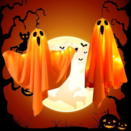 Lypumso Décoration Halloween, 2 PCS LED Fantômes Lumineux à Suspendre avec à 3 Modes de Lumière, Deco Halloween Fantôme Exterieur Interieur, pour Patio, Jardin, Arbre, Fête-Orange