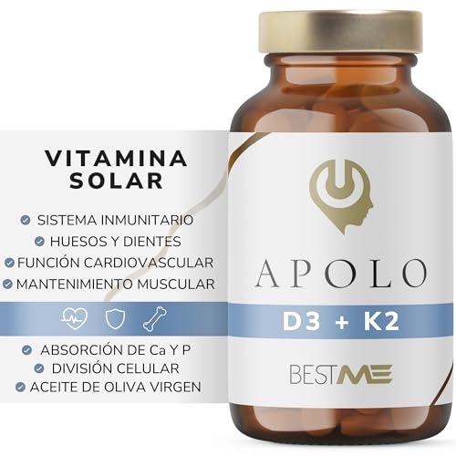 Vitamina D3 y K2 2000 UI - MenaQ7, Sistema Inmunitario, Cardiovascular y Muscular, Mejora la Absorción de Calcio y Fósforo para Huesos/Dientes, 60 Cápsulas con Aceite de Oliva Extra Virgen (Apolo)