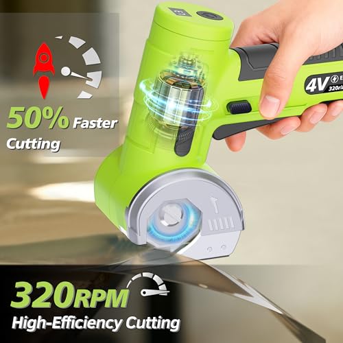 Image of Upgraded Cordless Electric Scissors, Wider Opening with Large 1.84 inchTungsten Blade, 1 /3 inch Max Cutting & LED Display, 320RPM, Heavy-Duty Rotary Cutter for Cardboard, Fabric, Leather & DIY - Green