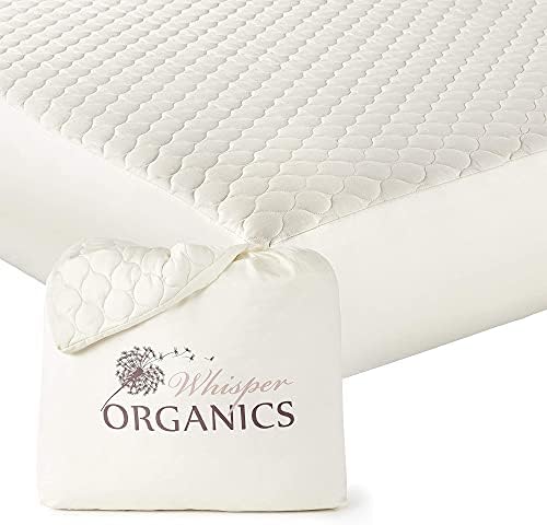 Whisper Organics, 100% Organic Cotton Mattress Protector - Breathable Cooling Quilted Fitted Mattress Pad Cover, GOTS Certified - Ivory Color, 17" Deep Pocket (Queen Bed Size)