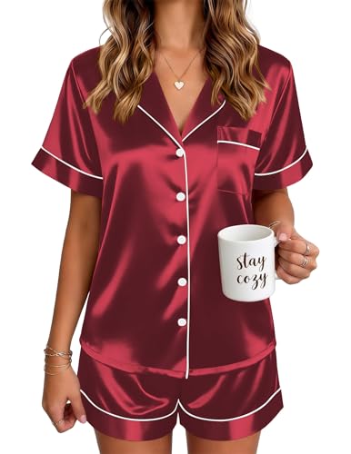 Image of Ekouaer Satin Pajamas for Women Silk Pjs Short Set 2 Piece Lounge Sets