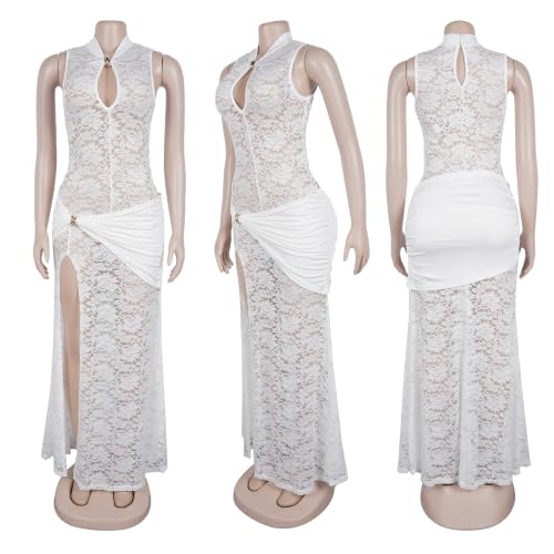 Image of PORRCEY Women's Sexy Rhinestone Lace Sheer Mesh Formal Evening Dress