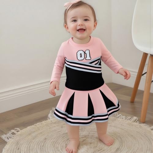 Toddler Baby Girl Cheerleader Outfit Long Sleeve Shirt Tops Pleated Skirt Set Cheer Uniform Football Clothes Fall2