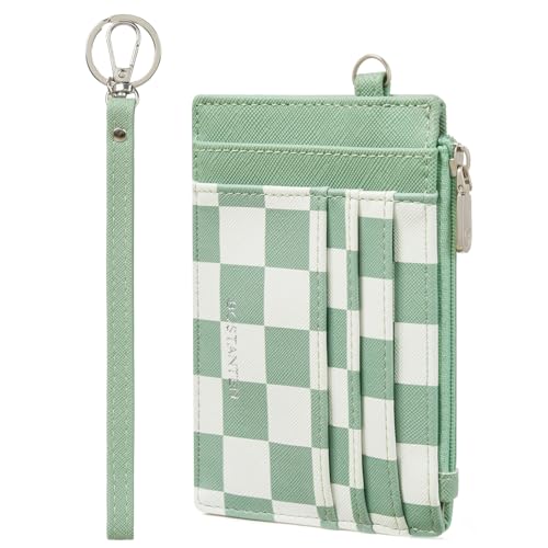 Image of BOSTANTEN Small Wallet For Women RFID Leather Credit Card Holder Slim Wristlet Keychain Wallet With Zipper Pocket, Mint Green Checkered