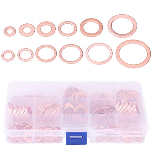 Copper Washers, 280pcs 12 Sizes Automotive Motorcycle Assorted Solid Copper Crush Washers Flat Brass Round Seal Flat Rings Kit with Storage Box Assortment Kit Set Assorted SAE