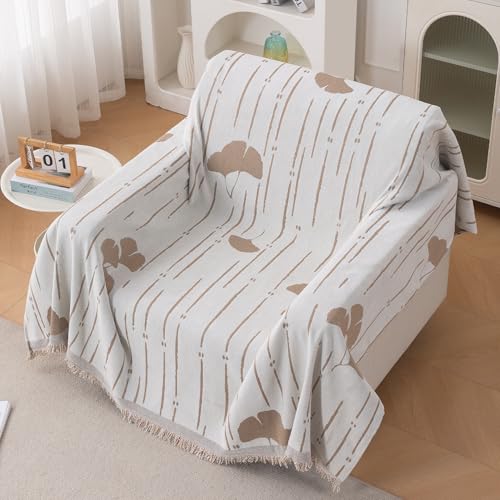 Image of HOKIPO Premium Chenille Printed Sofa Cover Throw Blanket 320 GSM for 1 Seater - All Season Use, 'Serene Abode Series' Beige Ginkgo Lines (180x180 cm) (AR-6631-D2)