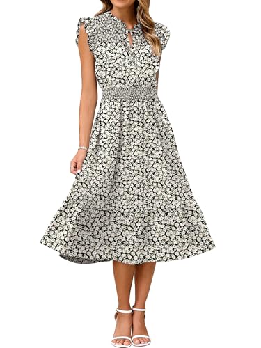 Image of Simplee Womens Summer Floral Midi Dress 2025 Summer Cap Sleeve Smocked Work Dress Ruffle A Line Long Flowy Wedding Guest Dress (Black Apricot Floral L)
