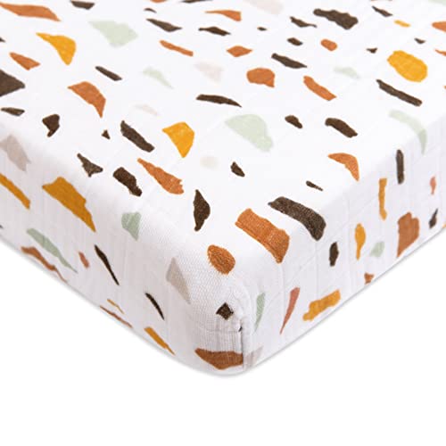 Image of Babyletto 100% Organic Cotton Mini Crib Sheet, GOTS-Certified, Fitted 360°, Ultra-Soft and Breathable Muslin - Terrazzo