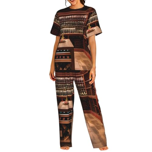 Pyjama à manches courtes femme motif vin rouge pour soirée cocooning