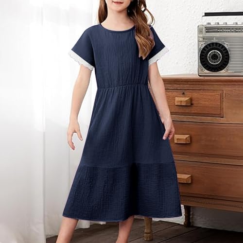 Girls Short Sleeve Dresses Cute Lace Semi Formal Dress Casual Summer Crew Neck Tiered Flowy Dress Cotton Linen Outfits3