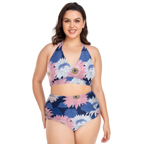 Bikini réglable tournesol indigo doté d'une culotte taille haute rose