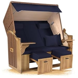 Strandkorb Hanse Ostsee XXL 2, 5 Sitzer Volllieger Natur Beige 150cm breit, ideal für Garten, Terrasse und Balkon (Blau Uni, Montiert)