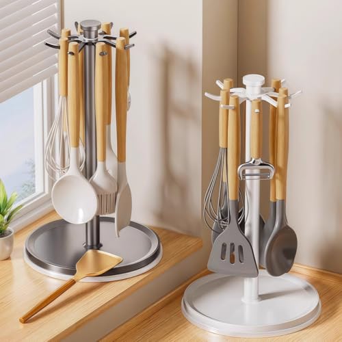 Portautensili in alluminio, 44,5 cm, verticale, con rotazione a 360°, 8 ganci, organizer per appendere la cucina, spatola, cucchiaio (bianco) - immagine 4