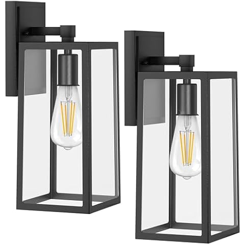 PARTPHONER Outdoor Light Fixtures Wall Mount, Porch Light, Waterproof Exterior Light Fixture, Anti-Rust Wall Sconce with Clear Glass and Black Aluminum for Garage, Doorway-2 Pack Cover