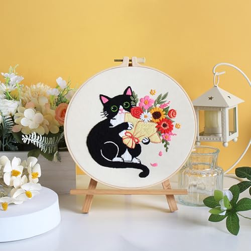 Image of Nuberlic Black Cat Flowers Embroidery Kits for Beginners, DIY Cross Stitch Starter Craft Kits for Adults Including Cloth with Pattern, Hoop, Needles Instruction and Threads