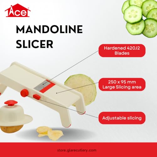 Image of Ace Adjustable Mandoline Slicer - AISI 420J2 Stainless Steel Twin Blades (54-55 HRC), Multipurpose Vegetable Slicer with Julienne, Waffle & Ridged Cuts, Durable ABS Body & Safety Holder