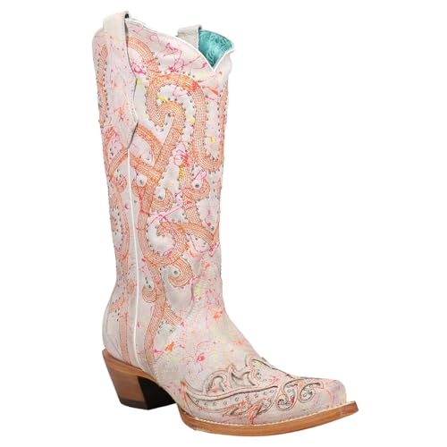 Corral Boots Womens Fluorescent Embroidered Tooled Inlay Studded Snip Toe Casual Boots Mid Calf Mid Heel 2-3" - White2