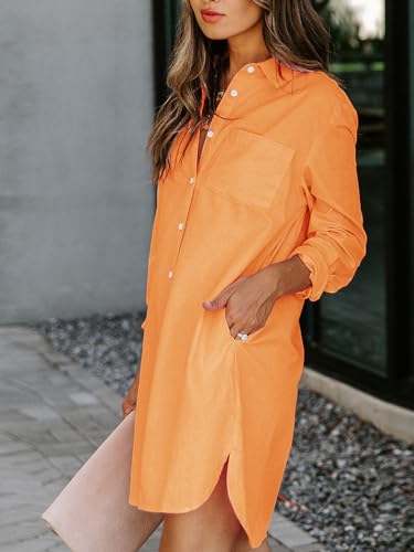 Image of Aoudery Womens Button Down Shirt Dresses with Pockets Cotton Button Up Tunics Long Sleeve Solid High Low Blouse Tops-Orange Yellow-L