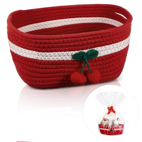 Honeydak 2 Pcs Cherry Basket with Handles Red Small Woven Gift Basket with Gift Bag and Ribbon Cute Cotton Rope Oval Toy Storage Organizer for Pet Food Closet Shelf Living Room Decor, 12
