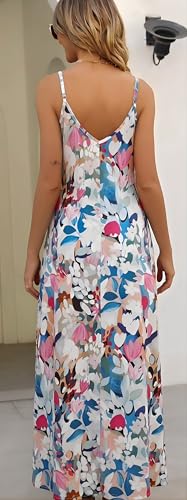Image of Supnier Women's Summer Maxi Dress Casual V-Neck Sleeveless Bohemian Spaghetti Strap Floral Long Maxi Dress with Pockets