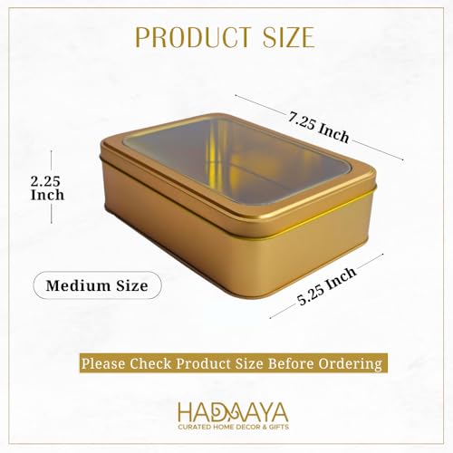 hadaaya Gold Metal Tin Box With Clear Lid, Multipurpose Tin Box, Valentines Day Gifting Tin Box for Gift Giving, Cookies, Stationery & More - 7.25 x 5.25 x 2.25 Inches