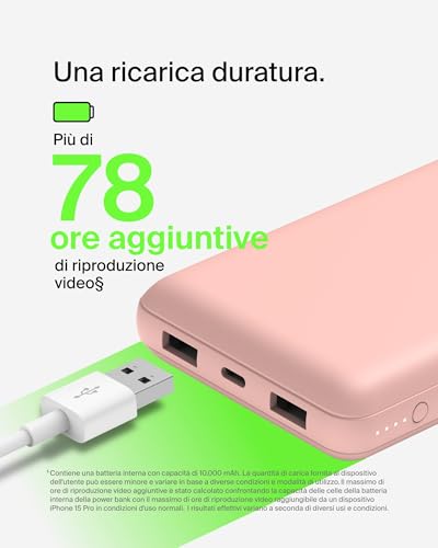 Belkin Caricabatterie portatile USB-C 20K, power bank 20000mAh con ingresso/uscita Type-C, 2 porte USB-A e cavo da USB-C a USB-A incluso per iPhone, Galaxy, iPad, Pixel, AirPods - Oro rosa - Immagine 2