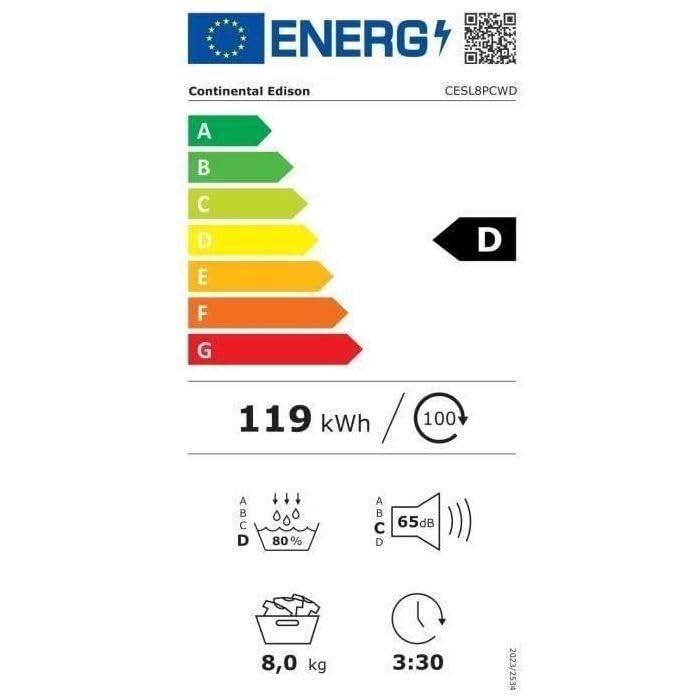 CONTINENTAL EDISON CESL8PCWD - Asciugatrice a pompa di calore, 8 kg, 60 cm, classe D, colore: Bianco