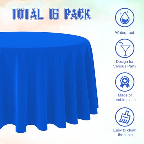Image of 16 Pack Blue Plastic Tablecloth for Round Tables, Premium Decorative Blue Disposable Table Cloths for Parties, Bulk Round Party Table Cover for Birthday Wedding Anniversary Graduation, 84 Inch