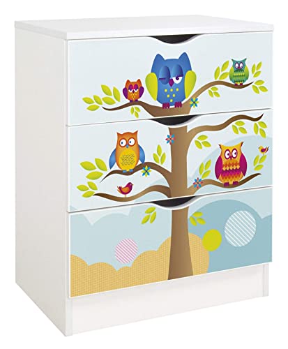 Leomark Commode en Bois avec 3 tiroirs - Roma - Blanche Meuble pour Chambre d'enfant, Style scandinave, Meuble de Rangement, Dim : 60 x 42 x 78 cm (Hiboux)