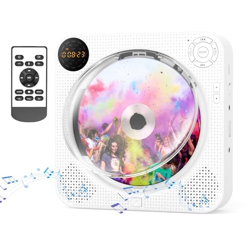 DESOBRY Portable CD Player with Speakers Wall Mountable, Personal CD Player with Bluetooth, Front LED Screen, Remote Control, Supports FM/USB/AUX (Without Battery)