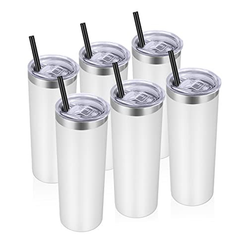 VEGOND Stainless Steel Tumblers Bulk 6 Pack, 20 oz Vacuum Insulated Skinny Tumblers with Lid and Straw, Double Wall Coffee Mug, Travel Water Cup, White