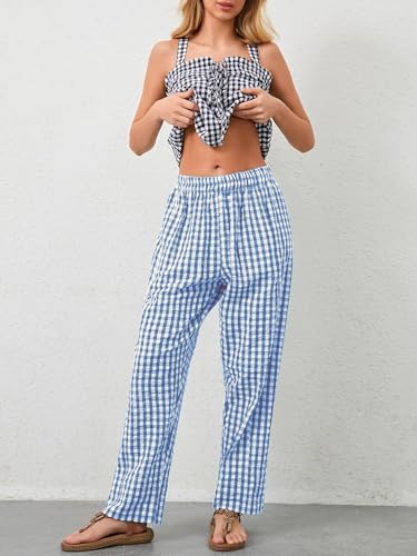 Image of YKR Plaid Pants for Women Gingham Lounge Wide Leg Low Waist Pajama Pants Elastic Waist Trousers with Pocket