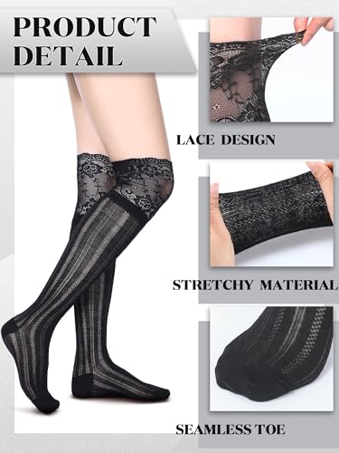 6 Pairs Women's Lace Socks Lace Thigh High Socks with Trim Lolita Stocking Long over Knee Stocking for Women, Black White, Gray3