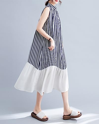 Image of ellazhu Women's Summer Sleeveless Midi Length Stripe Solid Color Patchwork Dress GA2654 A