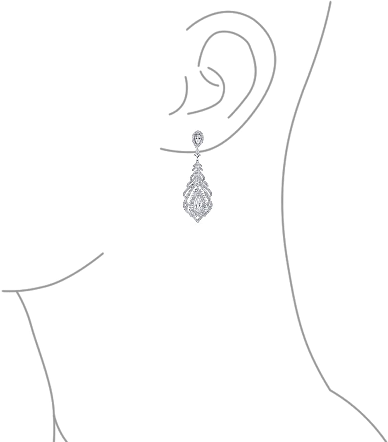 Bridal Fashion Vintage Art Deco Style Teardrop Shaped Halo AAA Cubic Zirconia Clear or Royal Blue Statement Elegant Chandelier Clip On Earrings For Women Wedding Prom Silver Plated