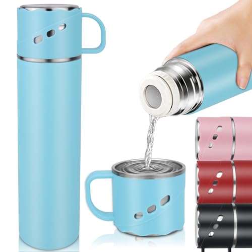 Flask for Hot Drink, 550ml Stainless Steel Hot Water Bottle with Cover, Leakproof Vaccum Six Wall Travel Mug with Handle, BPA Free Thermal Flask Cup for Coffee Tea Food Soup, Travel Gyms Sports, Blue