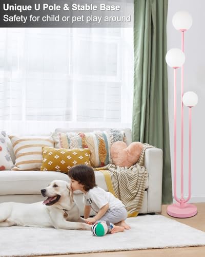 Image of 63IN 3-Light Dimmable Pink Floor Lamp, Unique Tall Standing Lamps with 3000K G9 Bulbs for Reading, Mid Century Modern Floor Lamp with 5Lbs Heavy Base for Living Room Bedroom Office