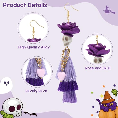 Artlunar Halloween Earring for Women, Funny Skeleton Rose Handmade Tassel Earrings Party Festival Jewelry Gift Fashion Accessories3