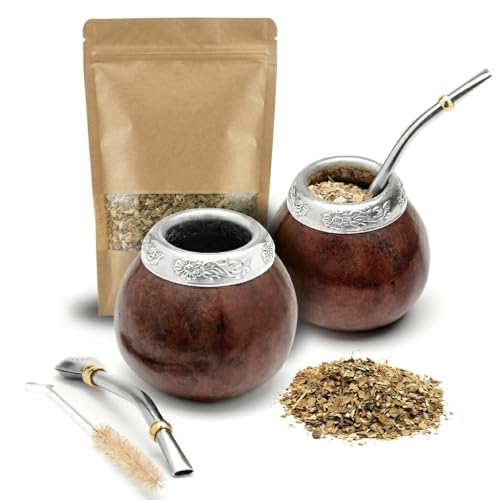 BALIBETOV Set mit 2 Yerba Mate Gourd und 1 Packung mit 100g Yerba Mate – Yerba Mate Cup Argentinien – 2 Mate Tassen, 2 Bombilla, 1 Reinigungsbürste, 1 lose Yerba Mate Tasche (DUNKLE...