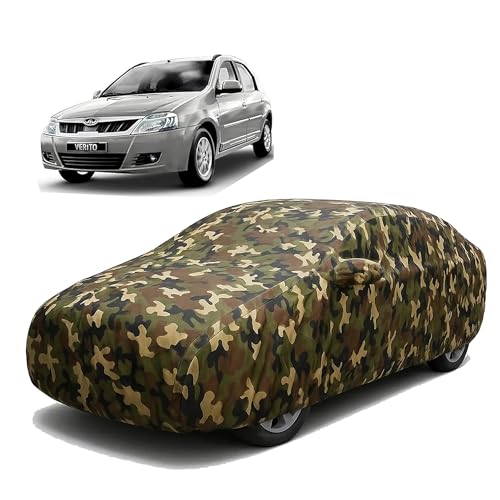 Image of Sulfar 100% Waterproof Car Body Cover Compatible with Mirror for Mahindra Verito with Long Lasting Durable Material (Triple Stitched, Full Bottom Elastic, Camouflage Army)