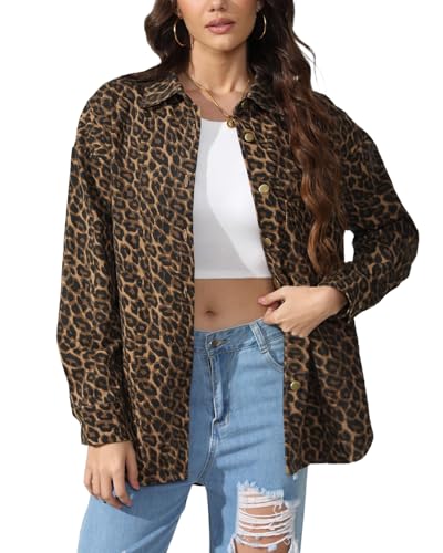 Kedera Women’s Leopard Print Jean Jacket Cheetah Print Denim Bomber Jacket Button Down Shacket Coat