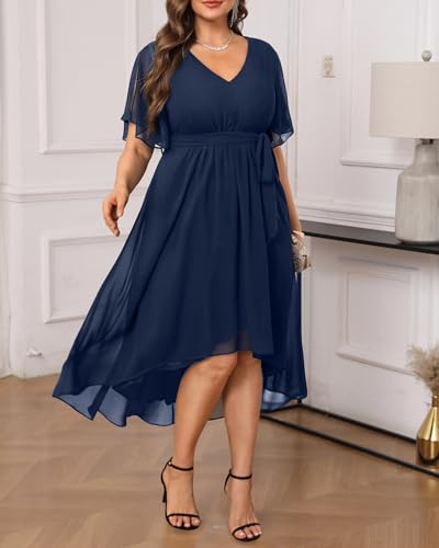Plus Size Dresses Wedding Guest - Formal Cocktail Chiffon V Neck Short Sleeve High Low Dress Curvy Women